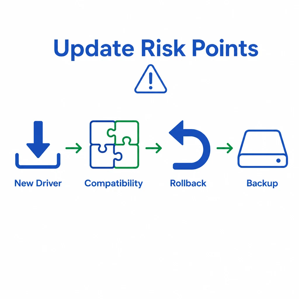 Diagram showing driver update risks such as compatibility issues, rollback and backup.