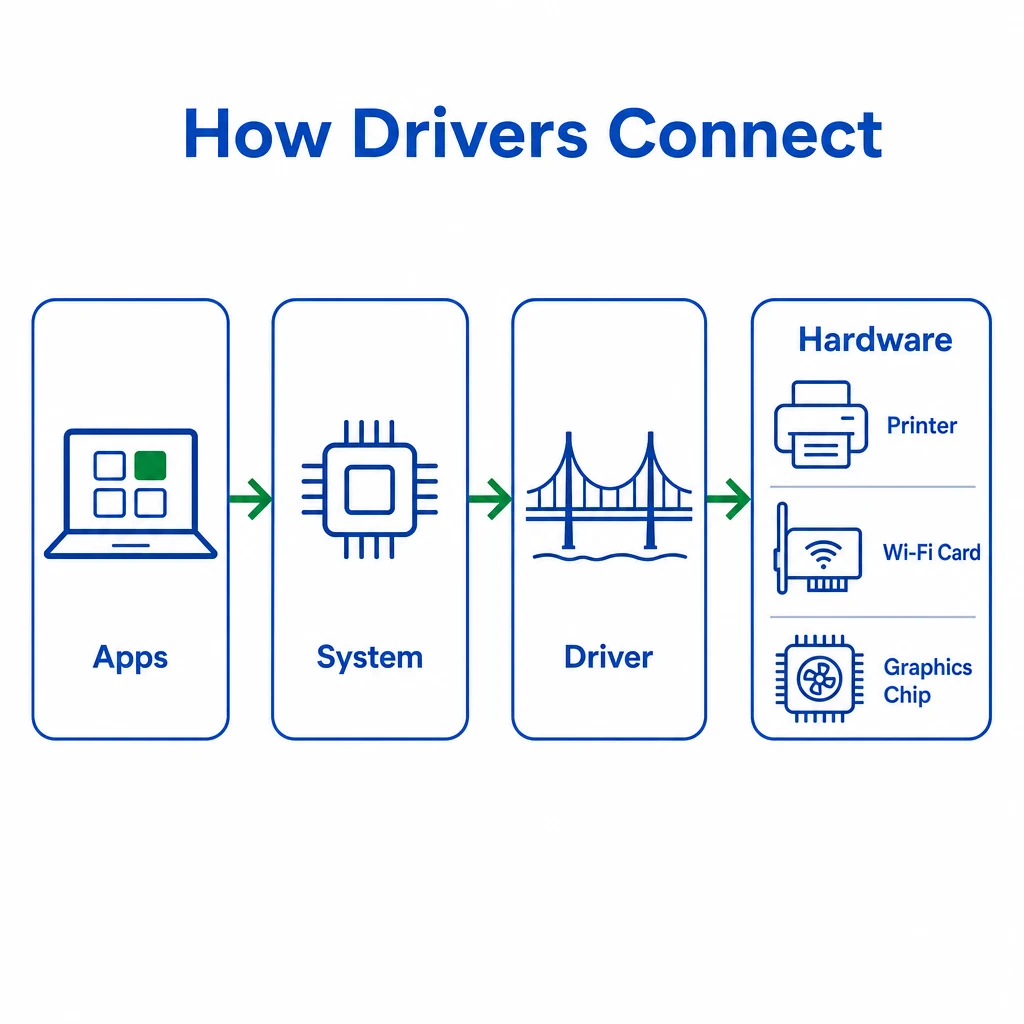 Diagram showing drivers connecting apps and the operating system to computer hardware.