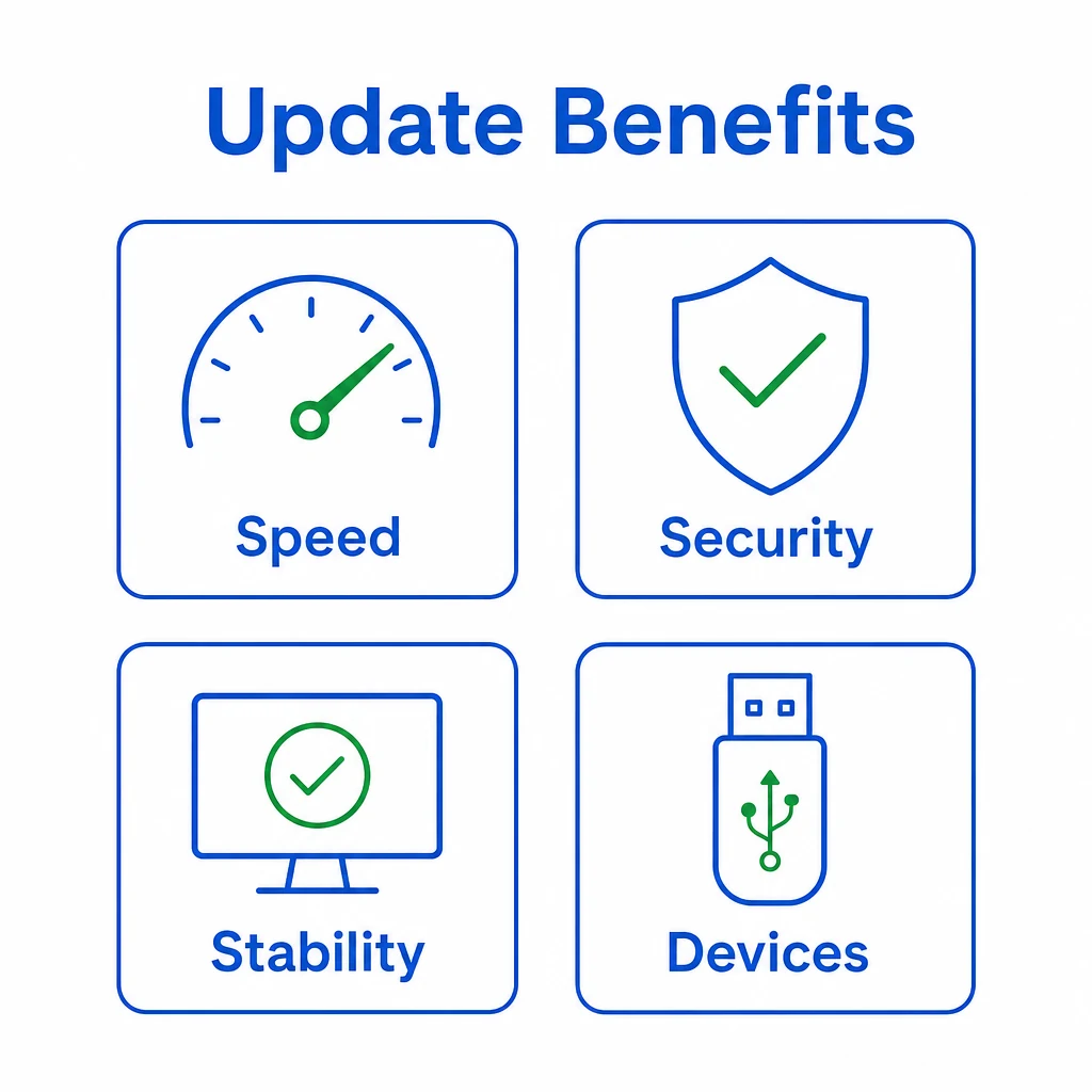 Graphic showing driver update benefits including speed, security, stability and device support.