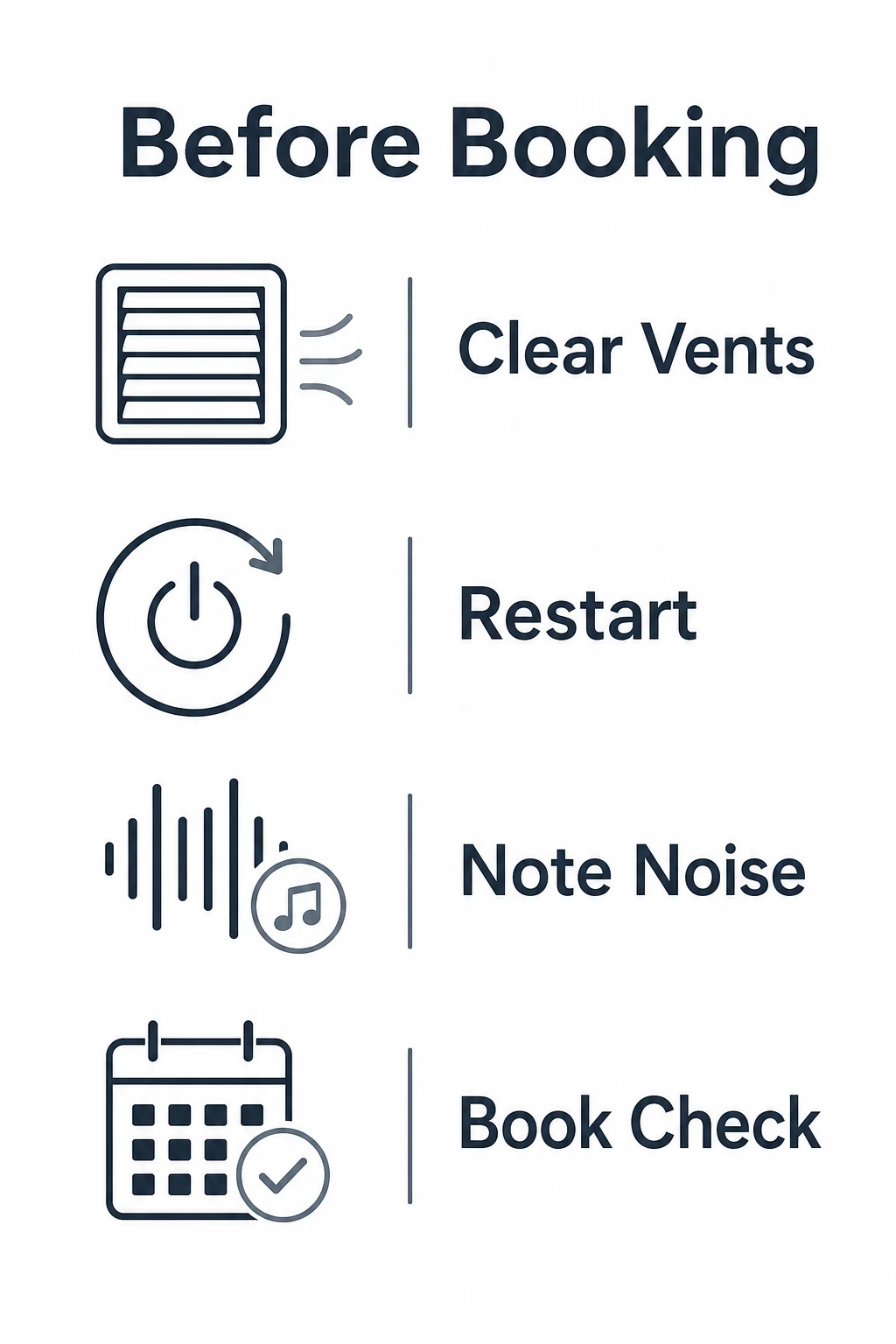 Checklist graphic of simple steps before booking a computer fan check