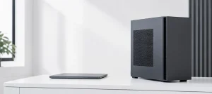 Clean desktop computer on a tidy repair bench with visible fan vents