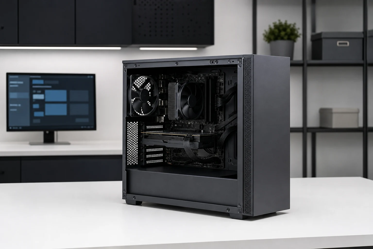 Open desktop computer on a clean bench ready for a hardware check