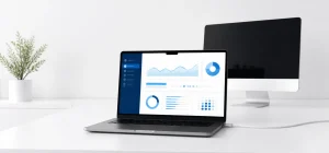 Clean laptop on a desk showing a simple diagnostics screen.