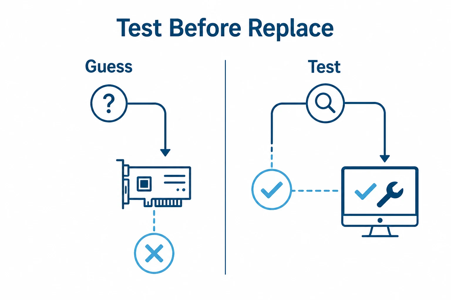 Graphic comparing guessing with testing before replacing a computer part.