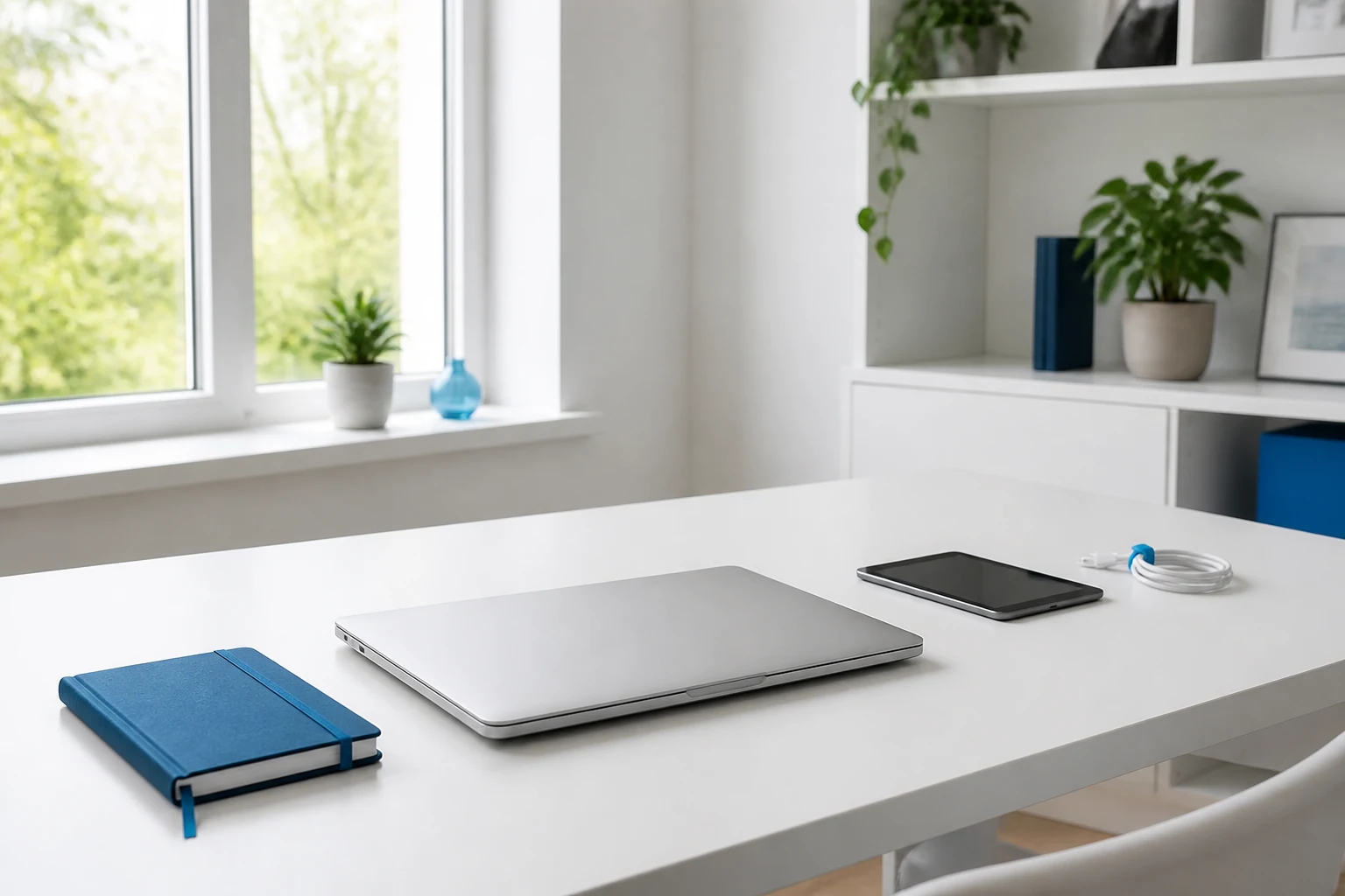 Tidy desk with a laptop, tablet and charging cable ready for diagnostics.