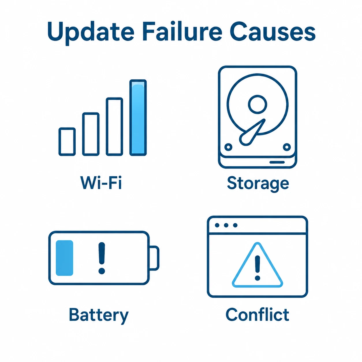 Graphic showing common update failure causes including Wi-Fi, storage, battery and conflicts