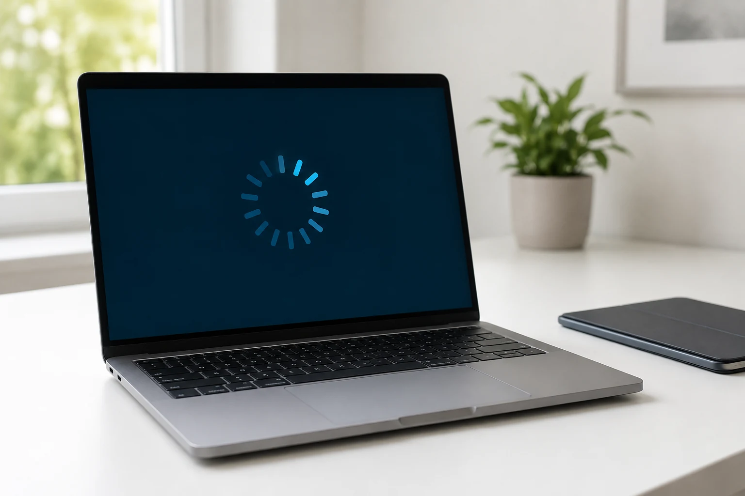 Laptop on a tidy desk showing a stuck update progress screen